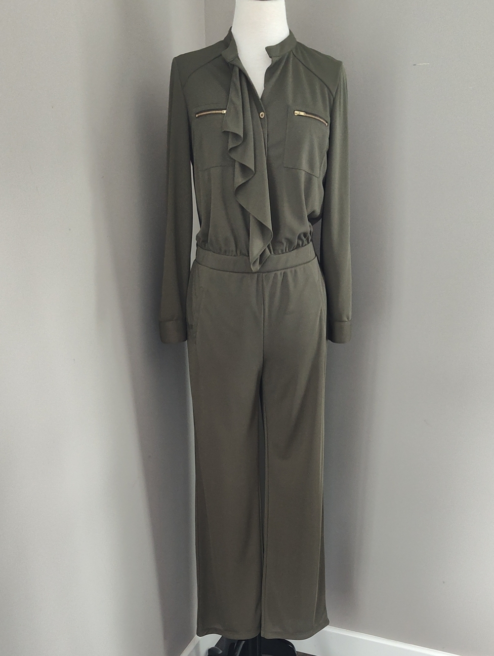 Chico's Olive Green Ruffle-Front Long-Sleeve Jumpsuit With Gold Accents